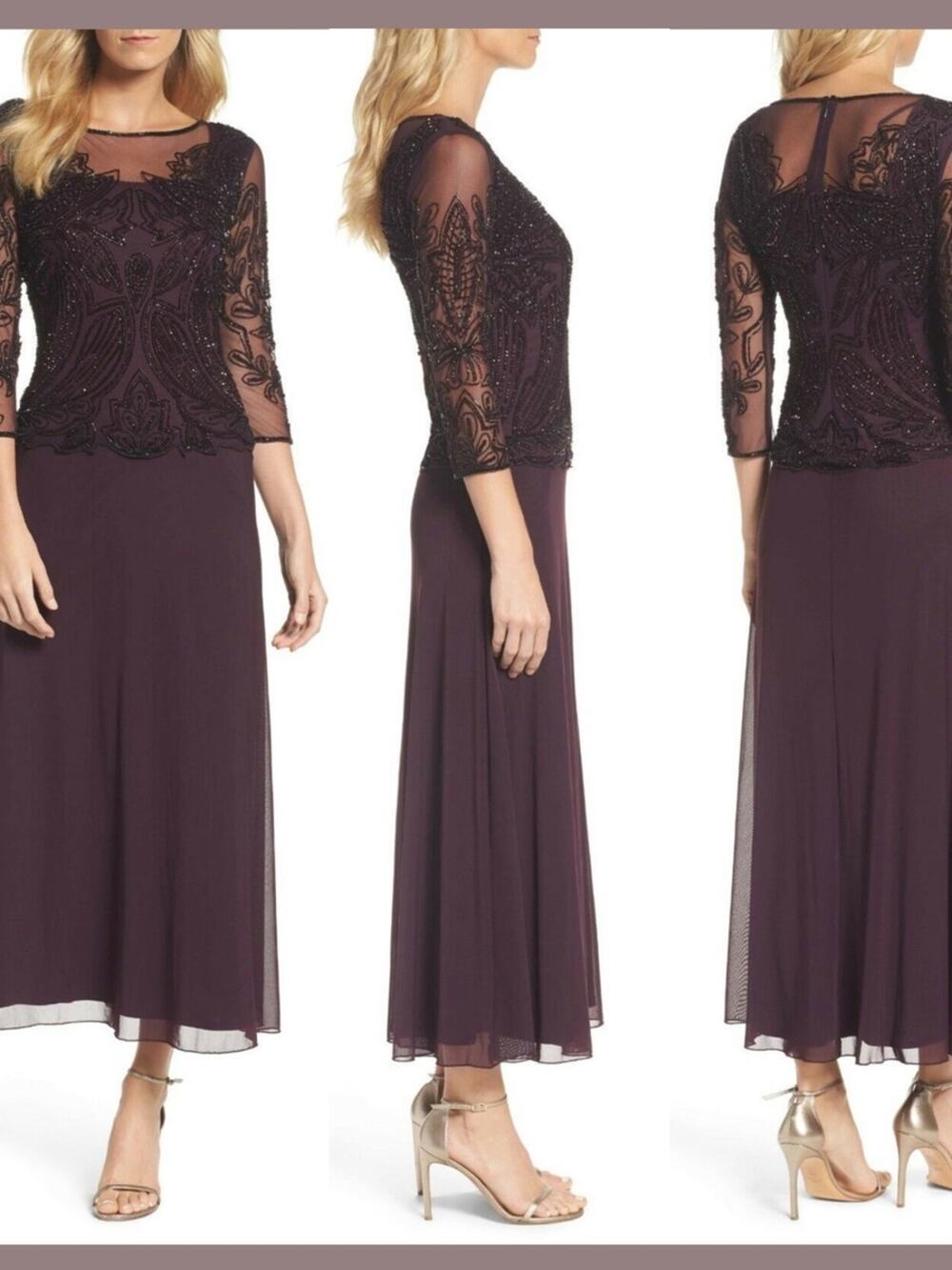 Pisarro Nights Plum Beaded Mesh Midi Dress Formal Event Evening Gala MOB Wedding